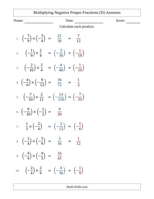 The Multiplying Negative Proper Fractions with Unlike Denominators Up to Twelfths, Proper Fraction Results and Some Simplifying (D) Math Worksheet Page 2