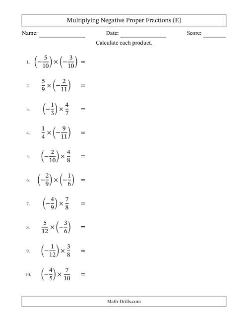 The Multiplying Negative Proper Fractions with Unlike Denominators Up to Twelfths, Proper Fraction Results and Some Simplifying (E) Math Worksheet
