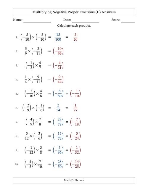 The Multiplying Negative Proper Fractions with Unlike Denominators Up to Twelfths, Proper Fraction Results and Some Simplifying (E) Math Worksheet Page 2