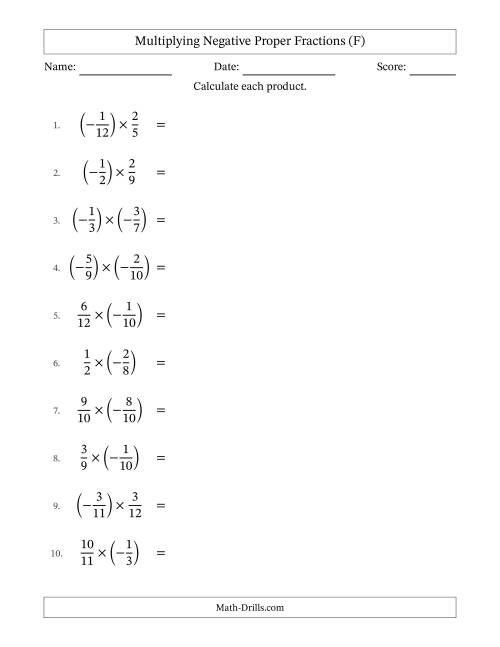 The Multiplying Negative Proper Fractions with Unlike Denominators Up to Twelfths, Proper Fraction Results and Some Simplifying (F) Math Worksheet