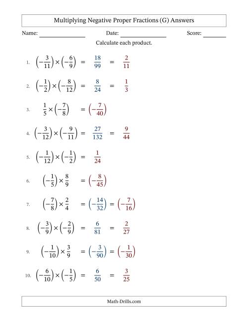 The Multiplying Negative Proper Fractions with Unlike Denominators Up to Twelfths, Proper Fraction Results and Some Simplifying (G) Math Worksheet Page 2