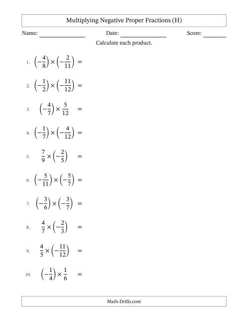 The Multiplying Negative Proper Fractions with Unlike Denominators Up to Twelfths, Proper Fraction Results and Some Simplifying (H) Math Worksheet