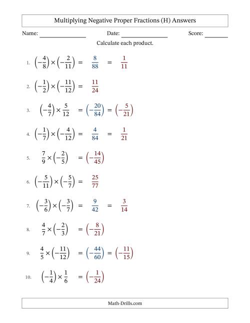 The Multiplying Negative Proper Fractions with Unlike Denominators Up to Twelfths, Proper Fraction Results and Some Simplifying (H) Math Worksheet Page 2