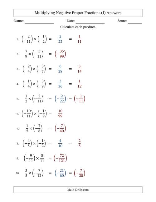 The Multiplying Negative Proper Fractions with Unlike Denominators Up to Twelfths, Proper Fraction Results and Some Simplifying (I) Math Worksheet Page 2