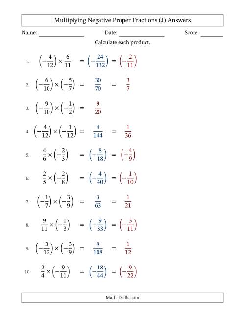 The Multiplying Negative Proper Fractions with Unlike Denominators Up to Twelfths, Proper Fraction Results and Some Simplifying (J) Math Worksheet Page 2