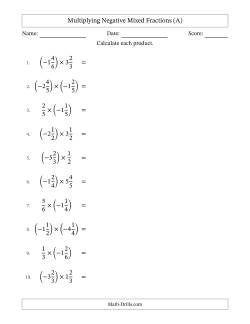 Multiplying Negative Mixed Fractions with Unlike Denominators Up to Sixths, Mixed Fraction Results and No Simplifying