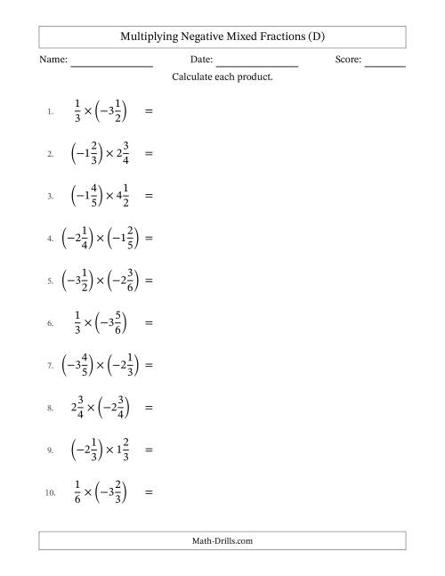 The Multiplying Negative Mixed Fractions with Unlike Denominators Up to Sixths, Mixed Fraction Results and No Simplifying (D) Math Worksheet