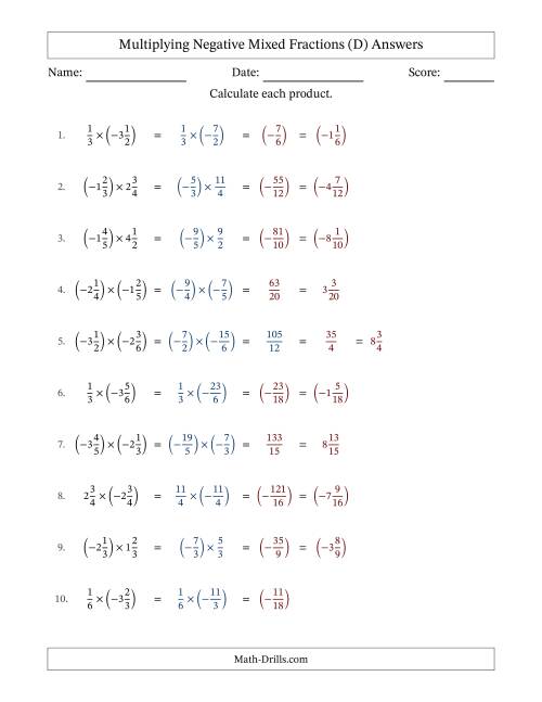 The Multiplying Negative Mixed Fractions with Unlike Denominators Up to Sixths, Mixed Fraction Results and No Simplifying (D) Math Worksheet Page 2