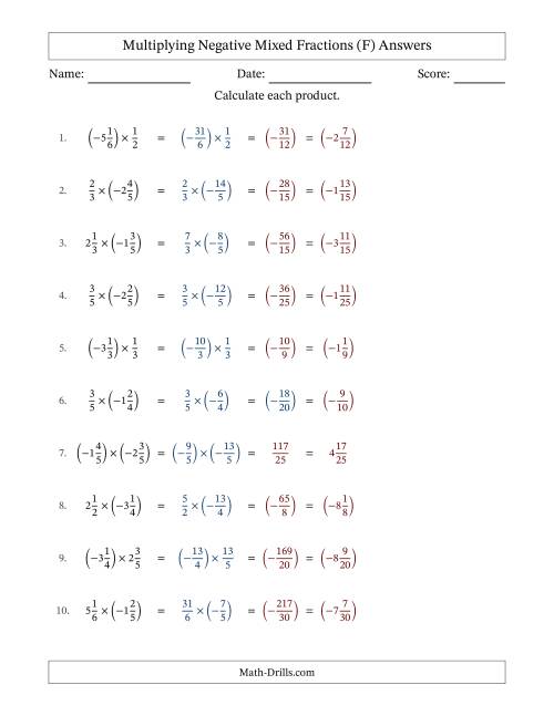 The Multiplying Negative Mixed Fractions with Unlike Denominators Up to Sixths, Mixed Fraction Results and No Simplifying (F) Math Worksheet Page 2