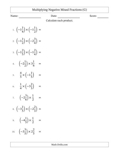 The Multiplying Negative Mixed Fractions with Unlike Denominators Up to Sixths, Mixed Fraction Results and No Simplifying (G) Math Worksheet