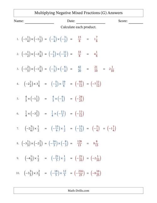 The Multiplying Negative Mixed Fractions with Unlike Denominators Up to Sixths, Mixed Fraction Results and No Simplifying (G) Math Worksheet Page 2