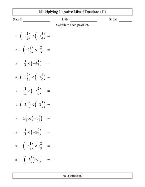 The Multiplying Negative Mixed Fractions with Unlike Denominators Up to Sixths, Mixed Fraction Results and No Simplifying (H) Math Worksheet