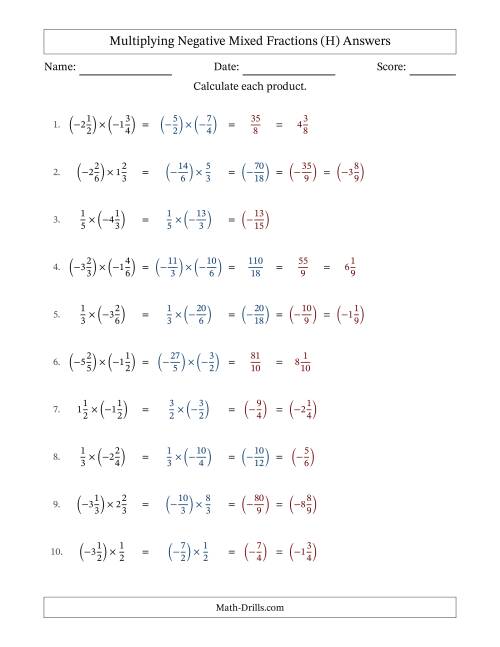 The Multiplying Negative Mixed Fractions with Unlike Denominators Up to Sixths, Mixed Fraction Results and No Simplifying (H) Math Worksheet Page 2