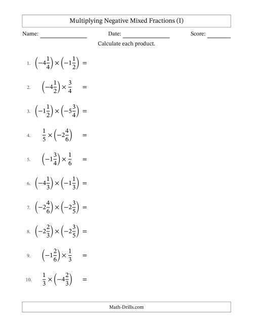 The Multiplying Negative Mixed Fractions with Unlike Denominators Up to Sixths, Mixed Fraction Results and No Simplifying (I) Math Worksheet