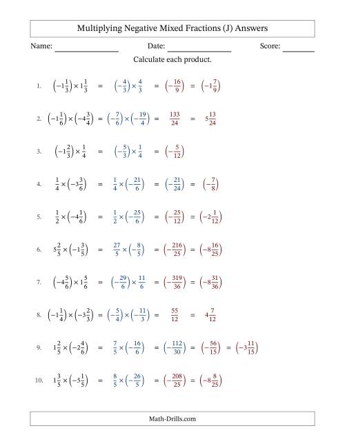 The Multiplying Negative Mixed Fractions with Unlike Denominators Up to Sixths, Mixed Fraction Results and No Simplifying (J) Math Worksheet Page 2