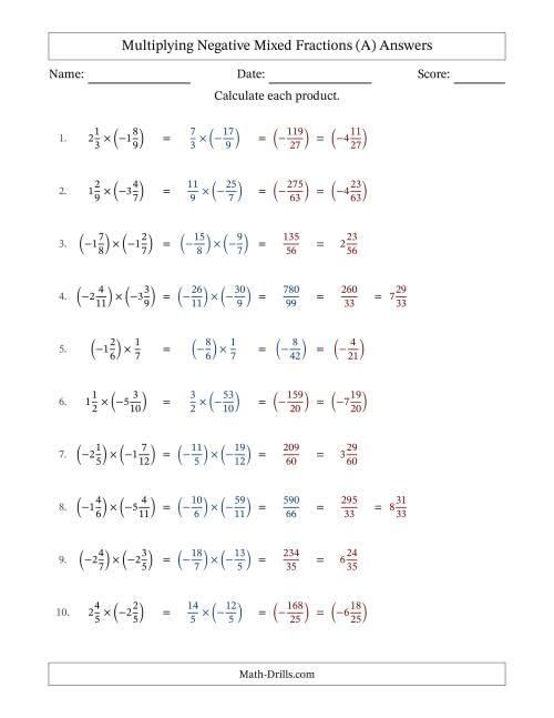 The Multiplying Negative Mixed Fractions with Unlike Denominators Up to Twelfths, Mixed Fraction Results and No Simplifying (A) Math Worksheet Page 2
