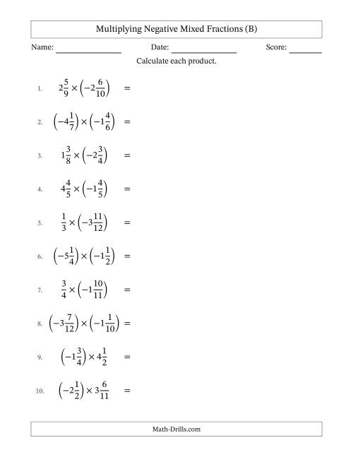 The Multiplying Negative Mixed Fractions with Unlike Denominators Up to Twelfths, Mixed Fraction Results and No Simplifying (B) Math Worksheet