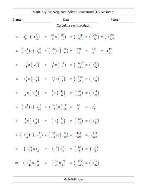 The Multiplying Negative Mixed Fractions with Unlike Denominators Up to Twelfths, Mixed Fraction Results and No Simplifying (B) Math Worksheet Page 2