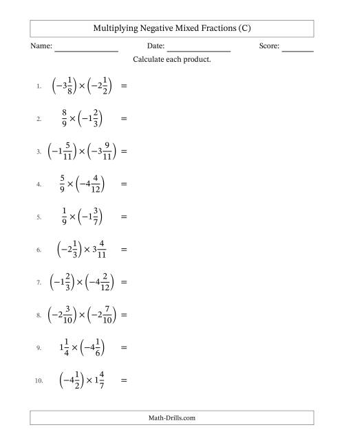 The Multiplying Negative Mixed Fractions with Unlike Denominators Up to Twelfths, Mixed Fraction Results and No Simplifying (C) Math Worksheet