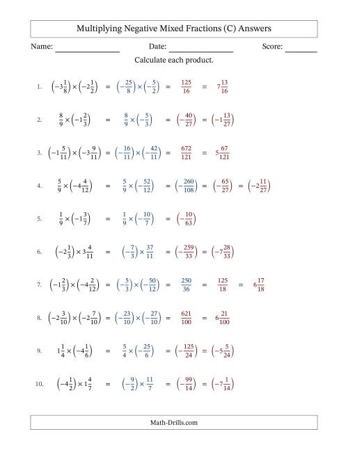 The Multiplying Negative Mixed Fractions with Unlike Denominators Up to Twelfths, Mixed Fraction Results and No Simplifying (C) Math Worksheet Page 2