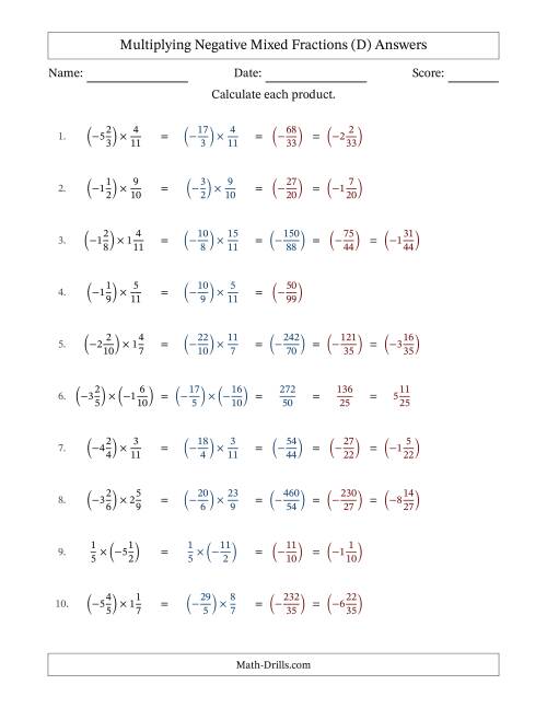 The Multiplying Negative Mixed Fractions with Unlike Denominators Up to Twelfths, Mixed Fraction Results and No Simplifying (D) Math Worksheet Page 2