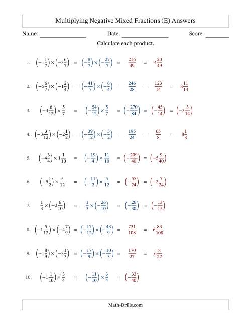 The Multiplying Negative Mixed Fractions with Unlike Denominators Up to Twelfths, Mixed Fraction Results and No Simplifying (E) Math Worksheet Page 2