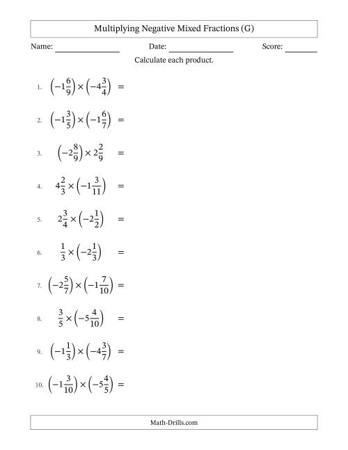 The Multiplying Negative Mixed Fractions with Unlike Denominators Up to Twelfths, Mixed Fraction Results and No Simplifying (G) Math Worksheet