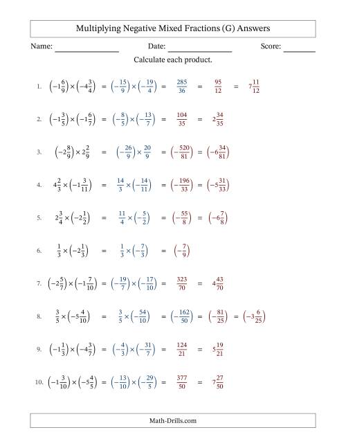 The Multiplying Negative Mixed Fractions with Unlike Denominators Up to Twelfths, Mixed Fraction Results and No Simplifying (G) Math Worksheet Page 2