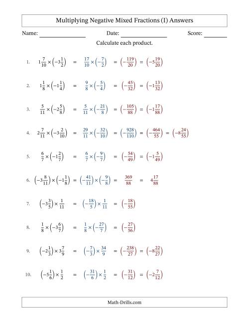 The Multiplying Negative Mixed Fractions with Unlike Denominators Up to Twelfths, Mixed Fraction Results and No Simplifying (I) Math Worksheet Page 2