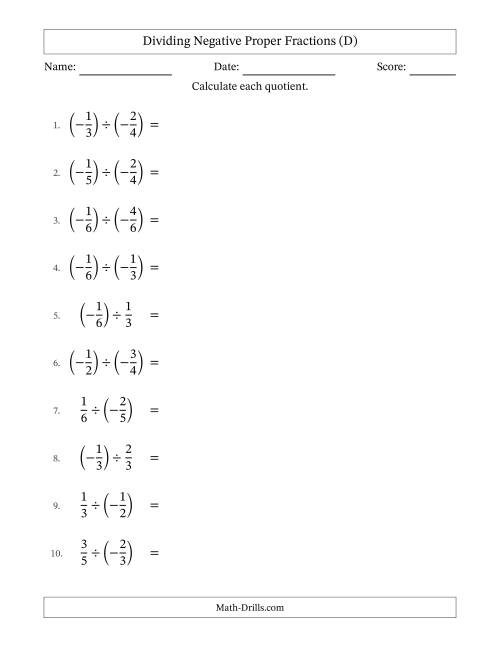 The Dividing Negative Proper Fractions with Unlike Denominators Up to Sixths, Proper Fraction Results and Some Simplifying (D) Math Worksheet