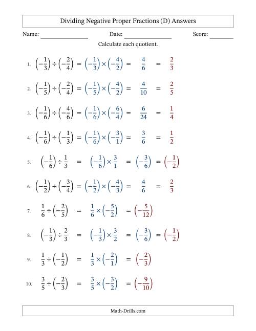 The Dividing Negative Proper Fractions with Unlike Denominators Up to Sixths, Proper Fraction Results and Some Simplifying (D) Math Worksheet Page 2