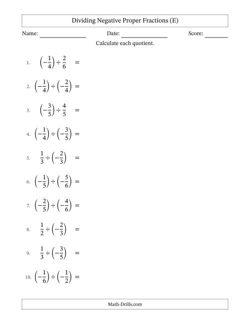 The Dividing Negative Proper Fractions with Unlike Denominators Up to Sixths, Proper Fraction Results and Some Simplifying (E) Math Worksheet