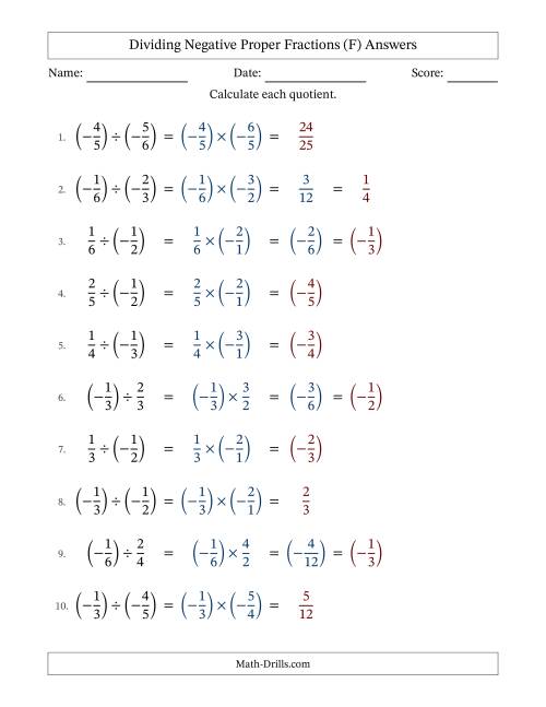 The Dividing Negative Proper Fractions with Unlike Denominators Up to Sixths, Proper Fraction Results and Some Simplifying (F) Math Worksheet Page 2