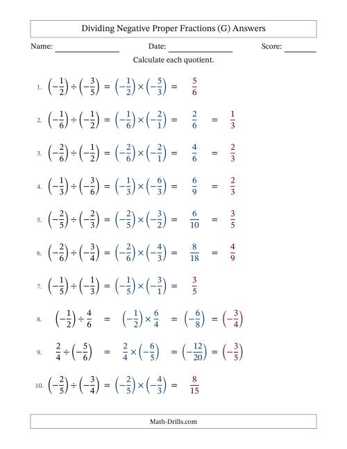 The Dividing Negative Proper Fractions with Unlike Denominators Up to Sixths, Proper Fraction Results and Some Simplifying (G) Math Worksheet Page 2