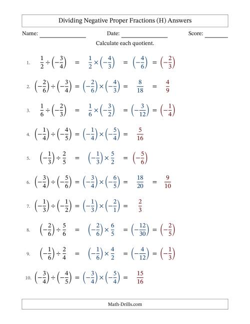 The Dividing Negative Proper Fractions with Unlike Denominators Up to Sixths, Proper Fraction Results and Some Simplifying (H) Math Worksheet Page 2