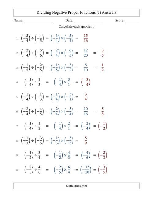 The Dividing Negative Proper Fractions with Unlike Denominators Up to Sixths, Proper Fraction Results and Some Simplifying (J) Math Worksheet Page 2