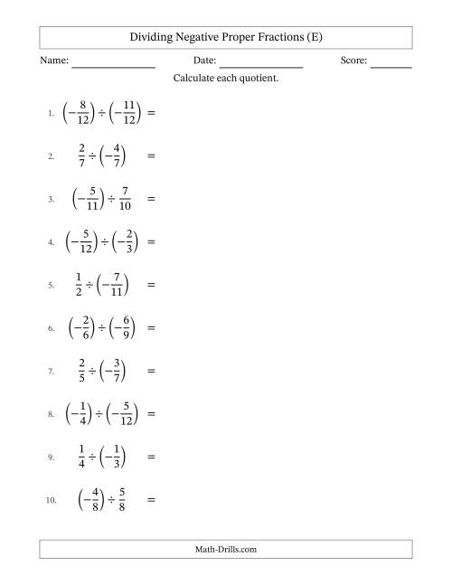 The Dividing Negative Proper Fractions with Unlike Denominators Up to Twelfths, Proper Fraction Results and Some Simplifying (E) Math Worksheet