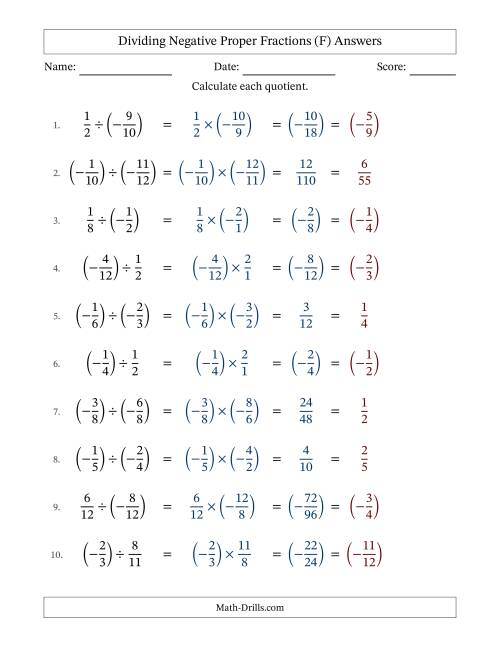 The Dividing Negative Proper Fractions with Unlike Denominators Up to Twelfths, Proper Fraction Results and Some Simplifying (F) Math Worksheet Page 2