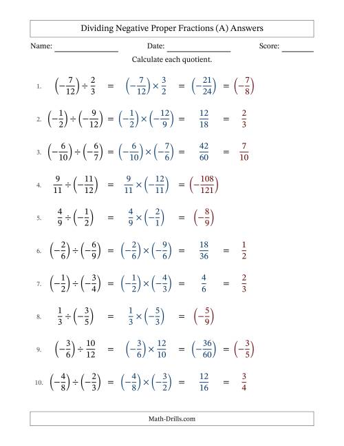 The Dividing Negative Proper Fractions with Unlike Denominators Up to Twelfths, Proper Fraction Results and Some Simplifying (All) Math Worksheet Page 2