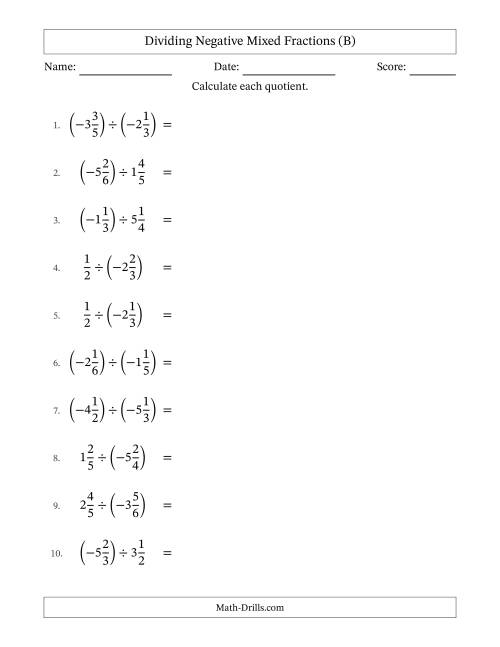 The Dividing Negative Mixed Fractions with Unlike Denominators Up to Sixths, Mixed Fraction Results and No Simplifying (B) Math Worksheet