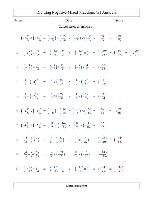 The Dividing Negative Mixed Fractions with Unlike Denominators Up to Sixths, Mixed Fraction Results and No Simplifying (B) Math Worksheet Page 2