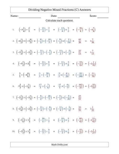 The Dividing Negative Mixed Fractions with Unlike Denominators Up to Sixths, Mixed Fraction Results and No Simplifying (C) Math Worksheet Page 2