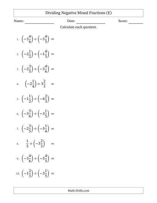 The Dividing Negative Mixed Fractions with Unlike Denominators Up to Sixths, Mixed Fraction Results and No Simplifying (E) Math Worksheet