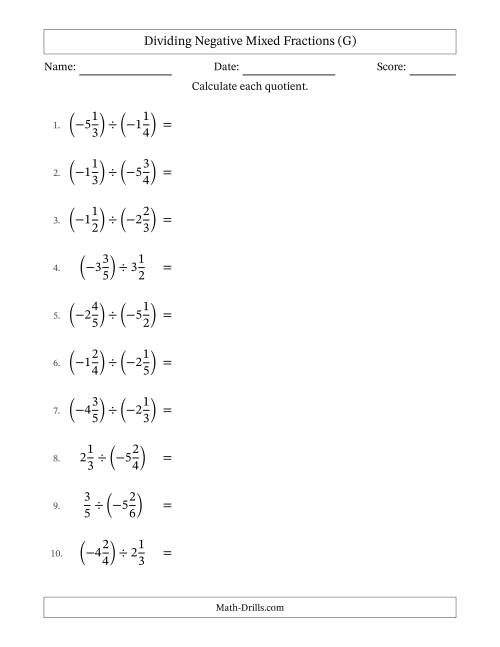The Dividing Negative Mixed Fractions with Unlike Denominators Up to Sixths, Mixed Fraction Results and No Simplifying (G) Math Worksheet