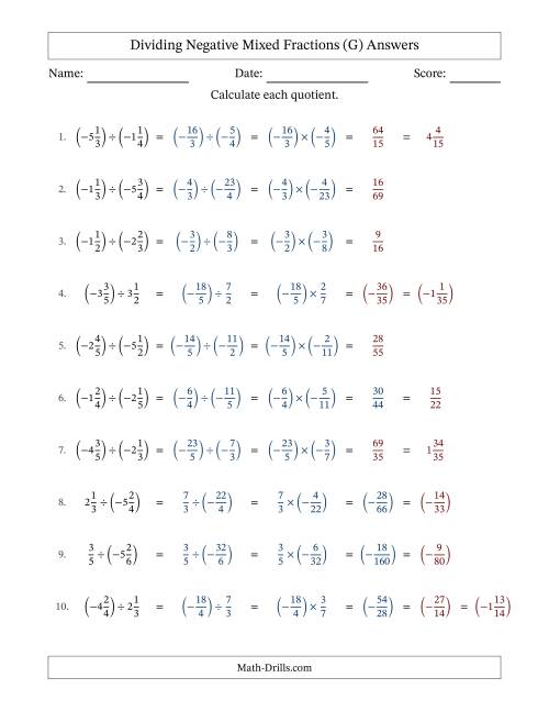 The Dividing Negative Mixed Fractions with Unlike Denominators Up to Sixths, Mixed Fraction Results and No Simplifying (G) Math Worksheet Page 2