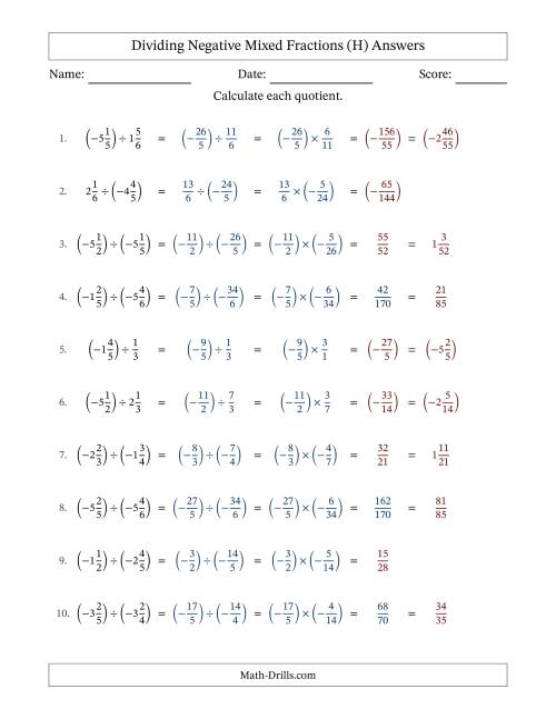 The Dividing Negative Mixed Fractions with Unlike Denominators Up to Sixths, Mixed Fraction Results and No Simplifying (H) Math Worksheet Page 2