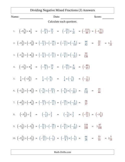 The Dividing Negative Mixed Fractions with Unlike Denominators Up to Sixths, Mixed Fraction Results and No Simplifying (J) Math Worksheet Page 2