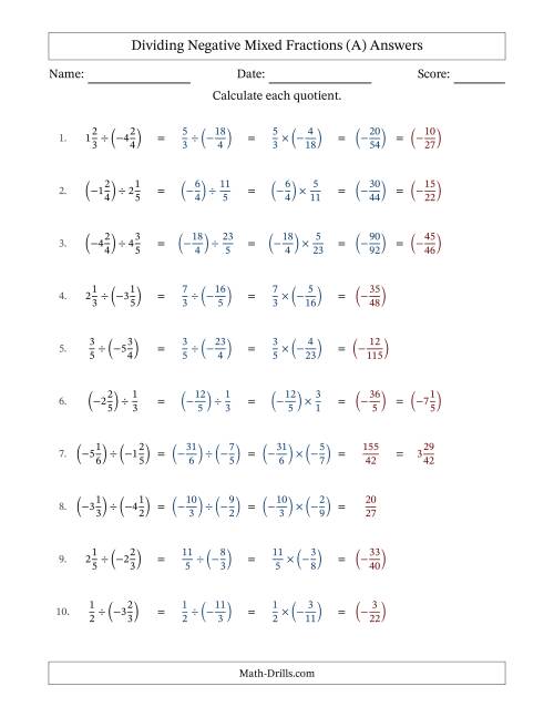 The Dividing Negative Mixed Fractions with Unlike Denominators Up to Sixths, Mixed Fraction Results and No Simplifying (All) Math Worksheet Page 2