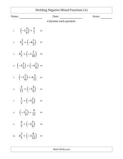 Dividing Negative Mixed Fractions with Unlike Denominators Up to Twelfths, Mixed Fraction Results and No Simplifying