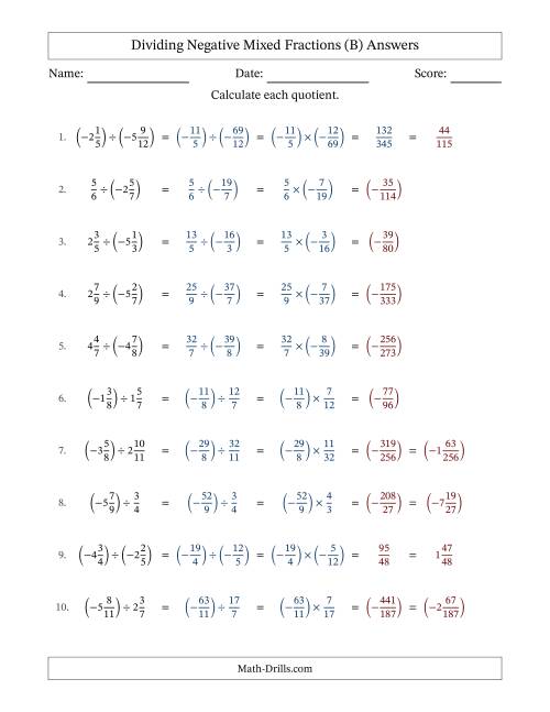 The Dividing Negative Mixed Fractions with Unlike Denominators Up to Twelfths, Mixed Fraction Results and No Simplifying (B) Math Worksheet Page 2